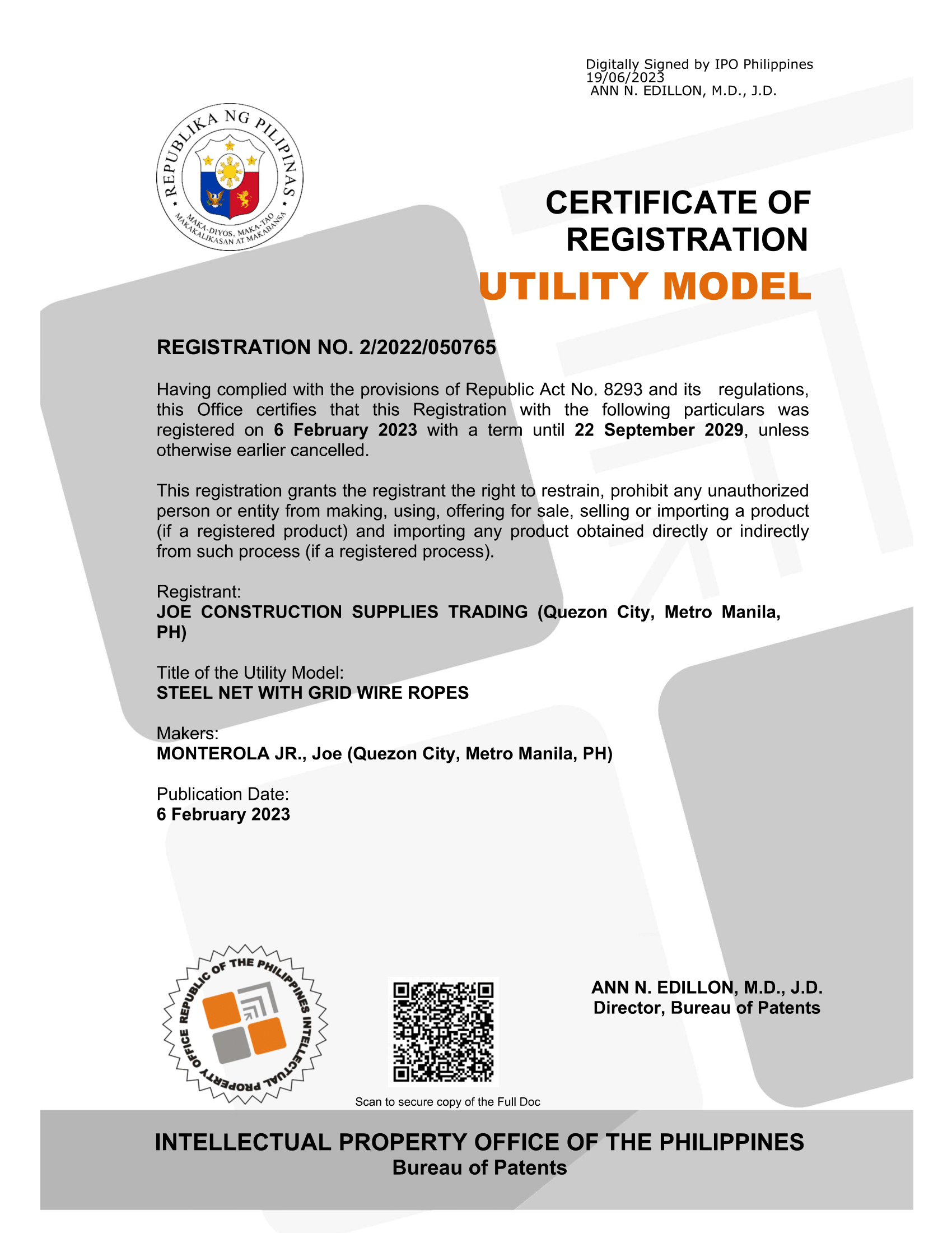 JCST Steelgrid Patent certificate